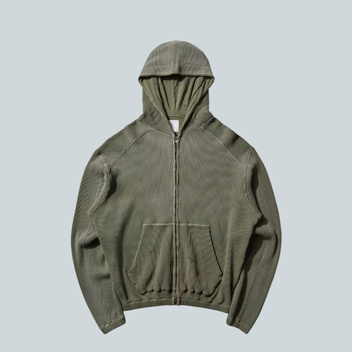 BEE SUN FADED WAFFLE ZIP UP HOODIE - OLIVE