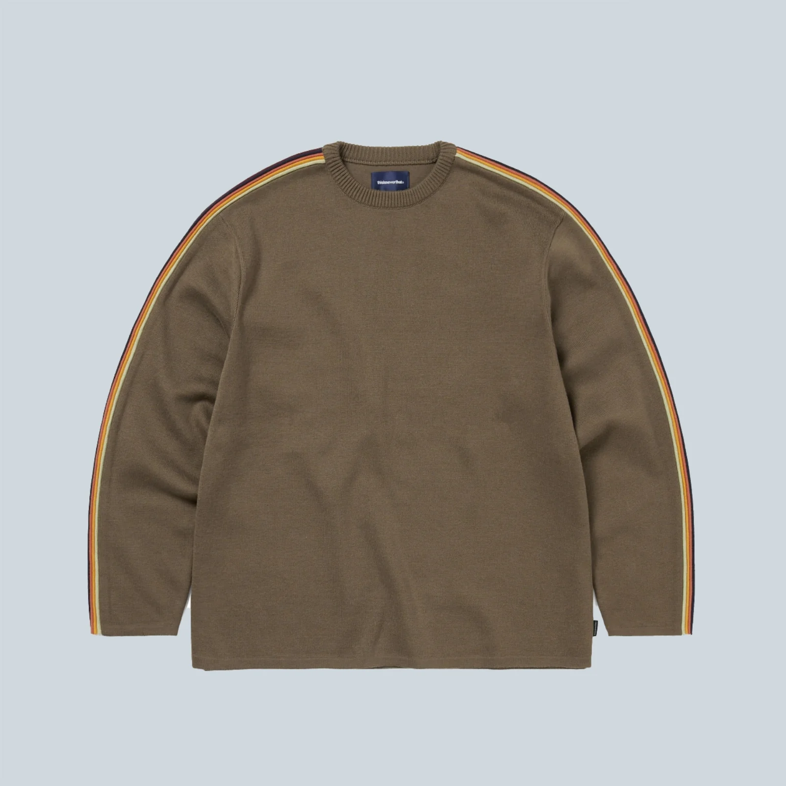 STRIPED SLEEVE KNIT CREW - BROWN